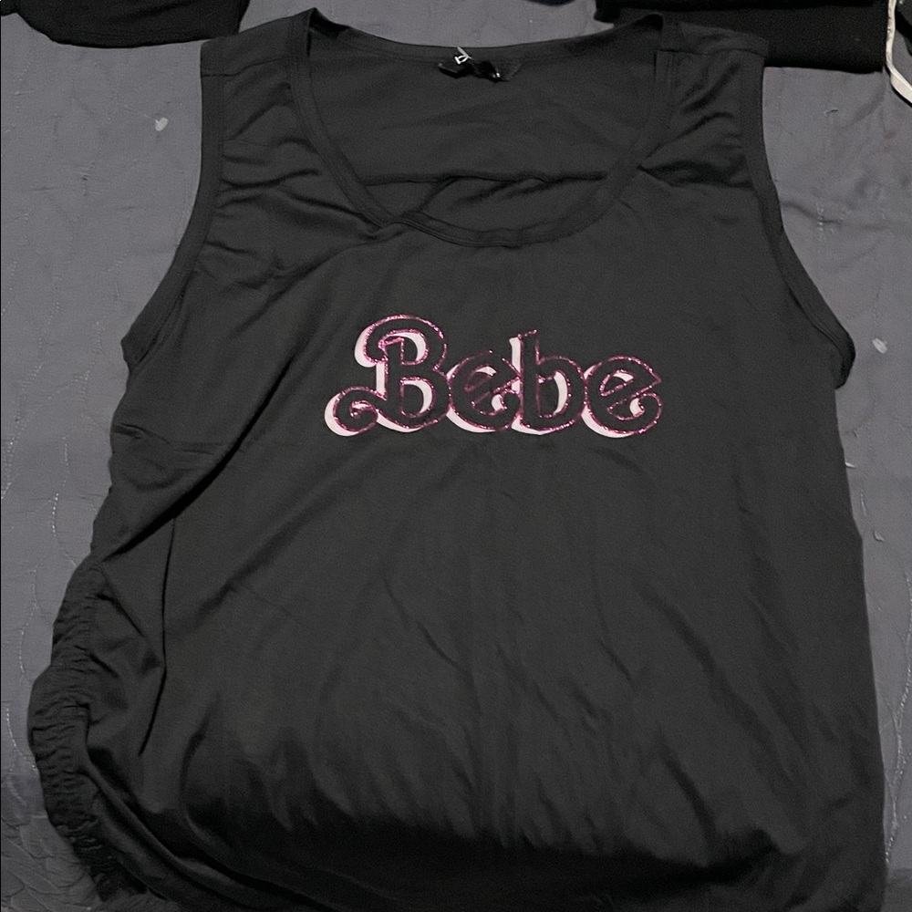Bebe Black Tank Top with Pink Logo mesh on back shoulders